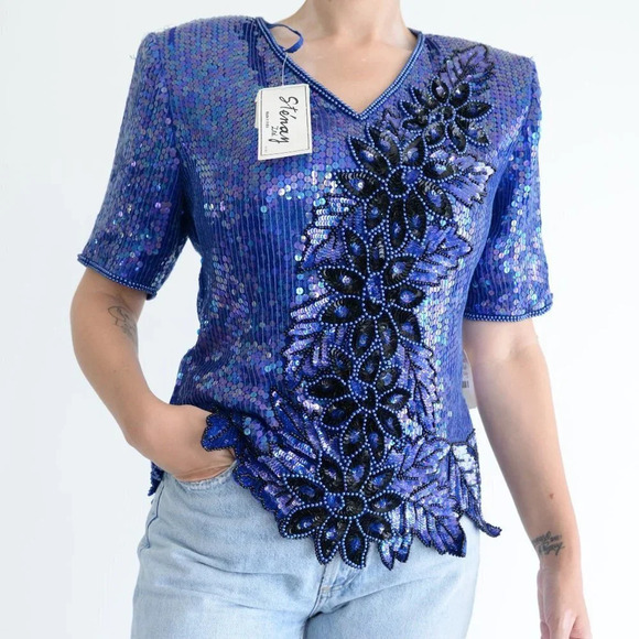 Vintage Lord & Taylor Purple 100% Silk Deadstock Sequins Short Sleeve Blouse M - Picture 3 of 15